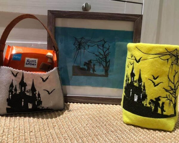 Stickdatei Gruselschloss im Scherenschnitt-Stil