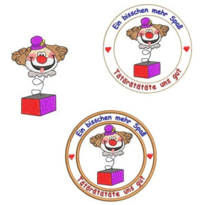 ITH Stickdatei Plakette und Stickdatei Clown in Kiste