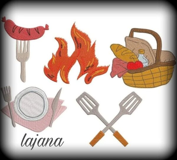BBQ Grill Stickdatei Set – 9 Motive für Grillschürze & Küchentextilien