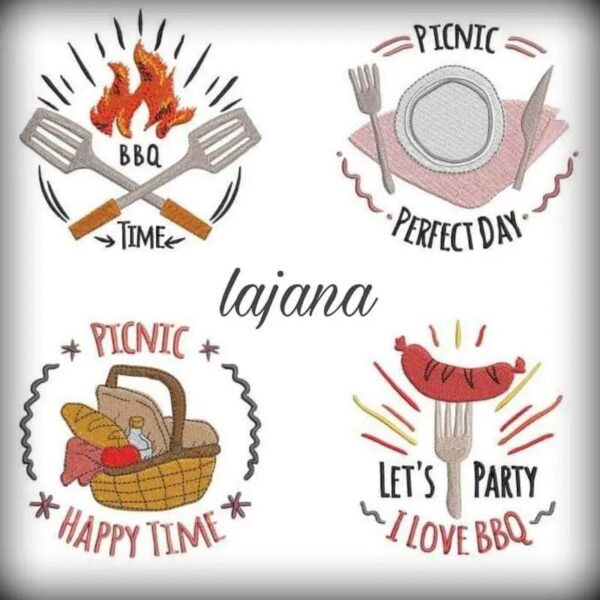 BBQ Grill Stickdatei Set – 9 Motive für Grillschürze & Küchentextilien