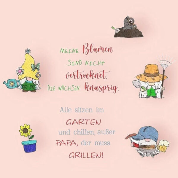 Stickdatei Garten- und Grillwichtel mit Sprüchen 🌿 – 6 Motive + 2 Sprüche | 10x10cm