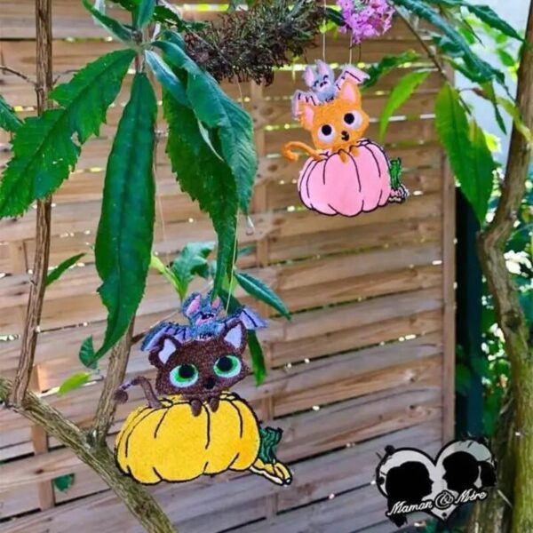 Stickdatei Halloween Kürbis, Katze, Fledermaus