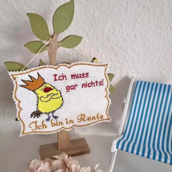 Stickdatei Vogel mit Spruch – Ich muss gar nichts