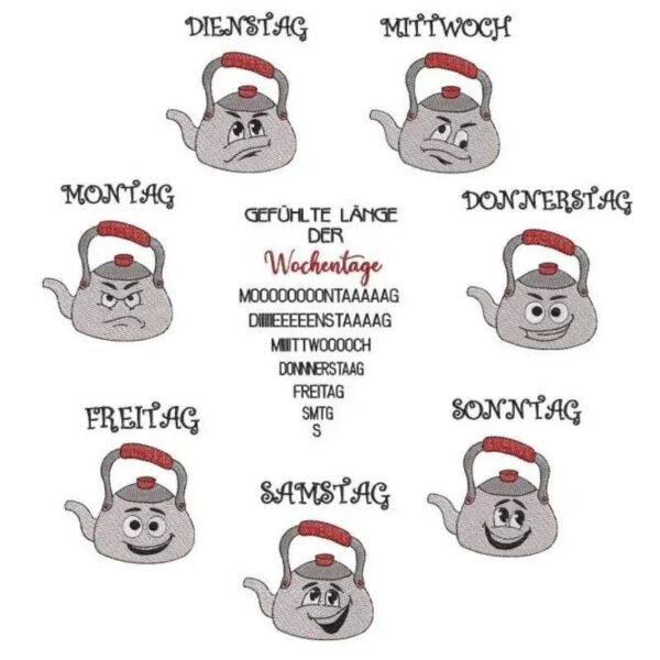 Stickdatei Wasserkessel Wochentage