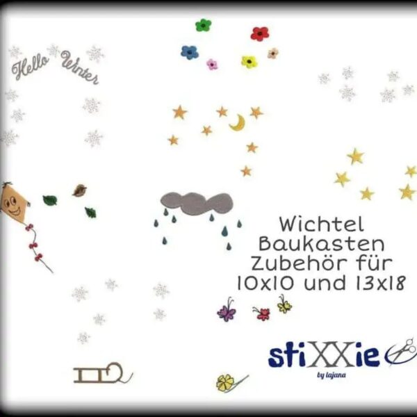 Stickdatei Wichtel Baukasten Set DoodleApplikation 🧝 13 Dateien für alle Jahreszeiten