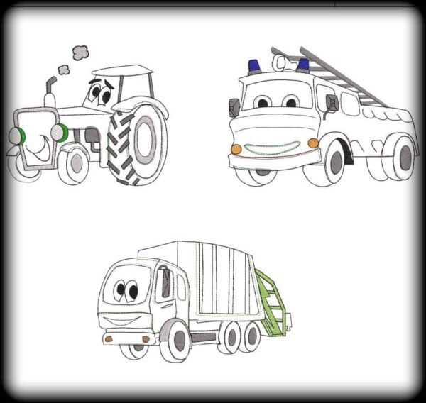 Stickdatei Feuerwehr Traktor Müllauto Set
