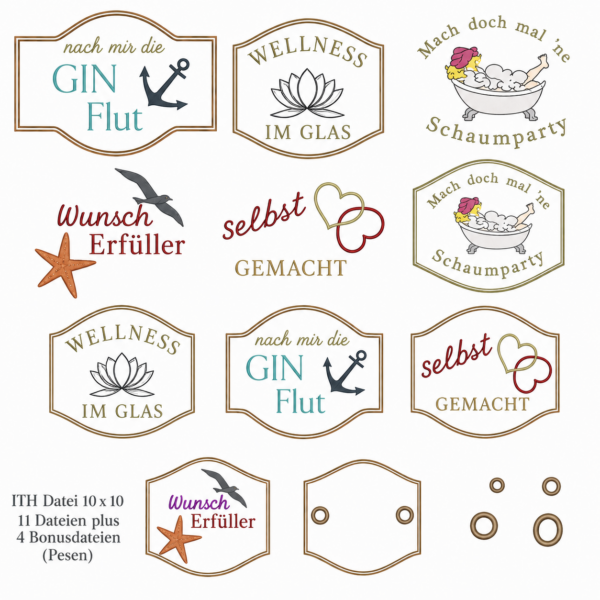 ITH Stickdatei Etiketten GlasLabel 10x10 🍾 – Mega-Paket mit 11 Dateien