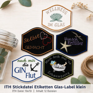 ITH Stickdatei Etiketten GlasLabel 10x10 🍾 – Mega-Paket mit 11 Dateien