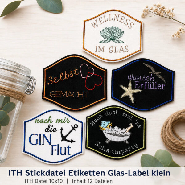 ITH Stickdatei Etiketten GlasLabel 10x10 🍾 – Mega-Paket mit 11 Dateien